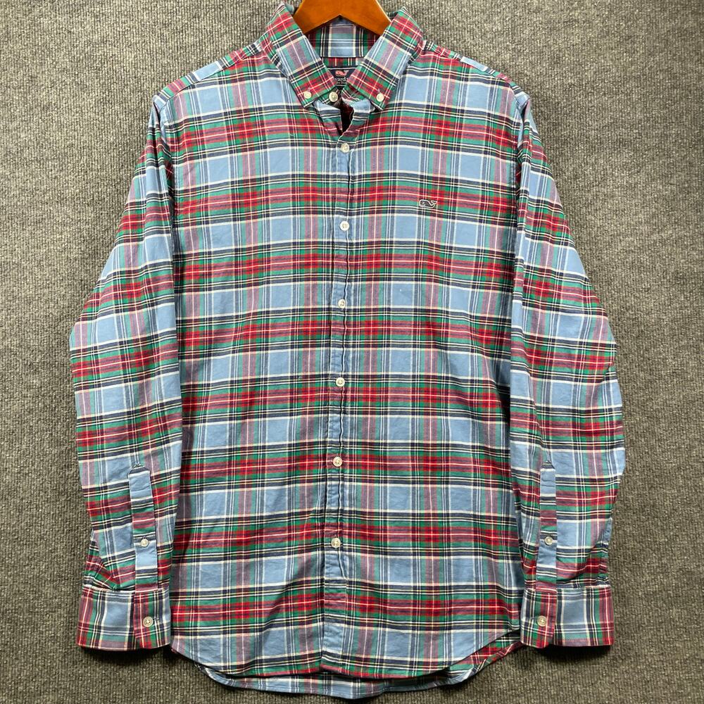 Vineyard Vines Slim Fit Whale Shirt Men's L Blue/Red Plaid Long Sleeve Casual